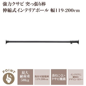 突っ張り棒 つっぱり棒 伸縮 クサビ機構 超強力 幅119-200cm アイアンブラック 収納 カーテン