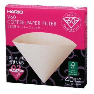 コーヒーペーパーフィルター ドリップ ろ紙 濾紙 ハリオ 03M V60用 無漂白 円すい形 円錐形 1〜6杯用 40枚入