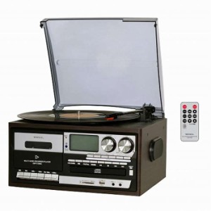 マルチオーディオプレーヤー オールインワン スピーカー搭載 レコード CD カセット SD USB AM/FM ラジオ リモコン付 ブラウン×ブラック 