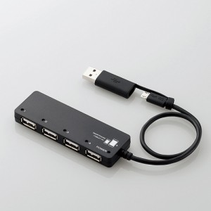 即納 代引不可 エレコム USBHUB2.0/スマホ・タブレット用/microUSBケーブル+変換アダプタ付/バスパワー/4ポート/ブラック U2HS-MB02-4BBK