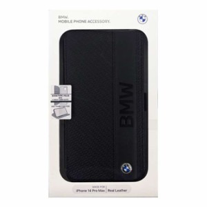 iPhone14 ProMax ケース カバー BMW 本革 手帳型ケース ブラック 黒  ブックタイプ TEXTURED AND BIG LOGO STRIPE エアージェイ BMBKP14X