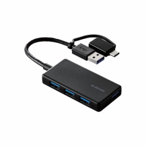 代引不可 USB ハブ USB3.1 Gen1 USB-Aコネクタ Type-C 変換アダプター付 USB-Aポート ×4 バスパワー 超薄型 ケーブル長10cm ブラック エ