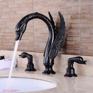 スワンスタイルのバスルーム 水栓コンボ 黒 Ornate Swan Style Bathroom Sink Faucet Combo Deck Mount Sink Black