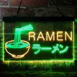 ラーメン屋さんネオンサイン グリーン＆イエロー ディスプレイ LED 約30cm×約20cm（12 x 8インチ） LED Neon Sign