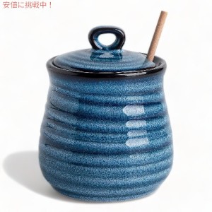 Hasense 蓋付き セラミックハニージャー 木製ディッパー付き 蜂蜜容器 [ブルー] Ceramic Honey Jar with Lid Porcelain Honey Dipper Sti