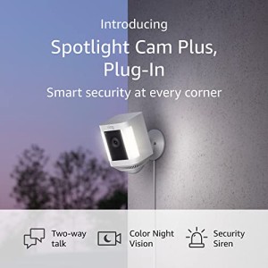 Ring Spotlight Cam Plus、双方向通話、カラー ナイト ビジョン、セキュリティ サイレン (2022 年リリース) - ホワイト