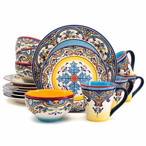 Euro Ceramica Zanzibar Collection 16ピース食器セット花柄 マルチカラー ブルーとイエロー