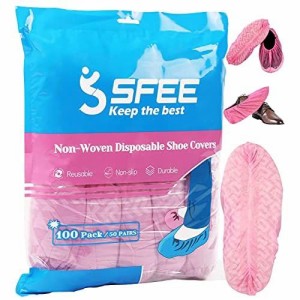 Sfee 100パックシューズカバー-屋内用の使い捨てシューズカバー ワンサイズ（ピンク）