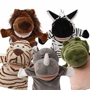 Silly Puppets 5点セットのアニマルハンドパペット、可動口 / トラ、サイ、ライオン、クロコダイル、シマウマ