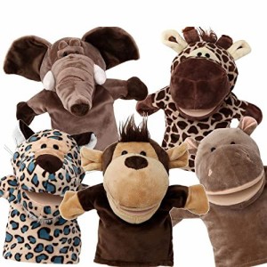 Silly Puppets 5点セット 動物ハンドパペット 可動式の口 / サル、ゾウ、キリン、カバ、ヒョウ