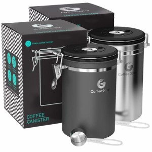 Coffee Gator コーヒーキャニスター CO2放出バルブと計量スクープ - 2個パック、シルバー/グレー