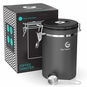 Coffee Gator ステンレススチール コーヒー粉と豆キャニスター 日付トラッカー CO2放出バルブ 計量スクープ付き ラージ グレー