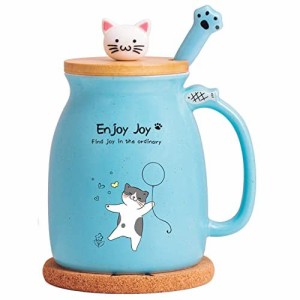 BGBG 猫コーヒーマグ かわいいブルーセラミックカップ 480ml