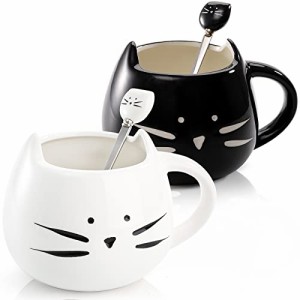 ZEAYEA 猫コーヒーマグ 2 個セット 12オンス セラミック かわいいティーミルクカップ スプーン付き