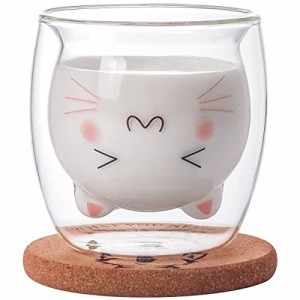Bgbg かわいいコーヒーマグ 猫  クリア断熱ガラス  コースター付き 面白いギフト (猫マグ)