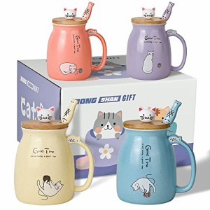 ドンシャンギフト キュートな猫のマグカップ セラミックコーヒーカップ4個セット 500ml/15オンス (4個、ブルー ピンク パープル イエロー