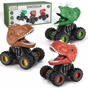 TEMI 3パック 恐竜の車のおもちゃ  プレス&ゴーレース T-Rex恐竜トラック トリケラトプストラック プルバック