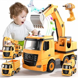 TEMI キッズリモートコントロールカー 建設トラック 4 in 1 RC車両おもちゃの車 電気ドリル付き300個のブロックSTEM組み立て