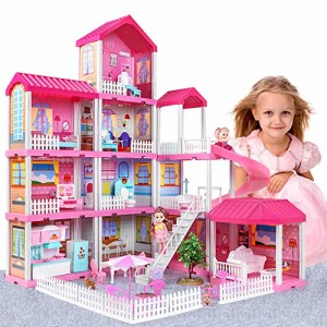 TEMI ドールハウス プレイハウス 人形のおもちゃのフィギュア、家具、アクセサリー付き 4階建て 11部屋