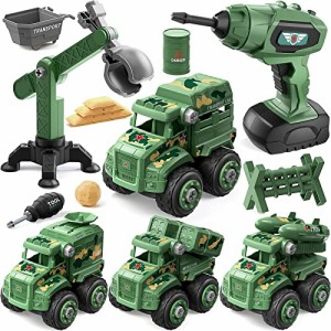 Geyiie 子供向けの分解おもちゃ、ドリル付きの陸軍のおもちゃのトラック組み立て車両