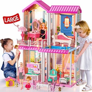 TEMI ドリームハウス ドールハウス 女の子用おもちゃ 4〜5歳用 - 2階建て 4部屋 ドールハウス 12インチの大きな人形付き