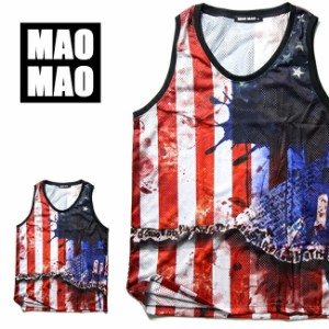 総柄デザイン USA アメリカ国旗 メッシュバスケットシャツ メンズ ポリエステル S-XL【大きいサイズ タンクトップ ダンス レディース】