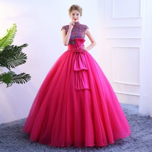高品質 カラードレス ロングドレス パーティドレス ワンピ 襟あり ピンク 結婚式 二次会 発表会 撮影 パニエ付 オーダーサイズ可 D168