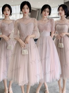 超可愛い パーティドレス ミディアムドレス ワンピ ミドル丈 ブライズメイド ピンク 二次会 発表会 大きいサイズ オーダーサイズ可 D199