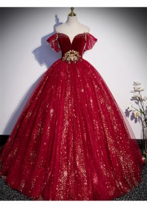 華麗 カラードレス ロングドレス パーティドレス ワンピ オフショルダー ビスチェ 赤 小さい~大きいサイズ 二次会 発表会 パニエ付 D211