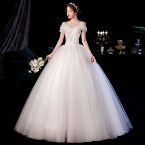 SALL ウェディングドレス  Aライン オフショルダー 白 結婚式 撮影 大きいサイズ オーダーサイズ可能 パニエ グローブ ベール付 H033
