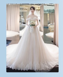 SALL 超人気 ウェディングドレス  トレーン オフショルダー 白 結婚式 グローブ ベール2点セットプレゼント オーダーサイズ可 H035