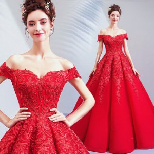 赤 ウェディングドレス カラードレス  パーティドレス Aライン オフショルダー 大きいサイズあり 結婚式 二次会 発表会 演奏会 H076