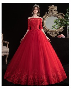 レッド ウェディングドレス カラードレス ロングドレス オフショルダー マタニティ 大きいサイズ 赤 パニエ付 オーダーサイズ可 H078