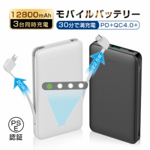 モバイルバッテリー 12800mAh ケーブル一体型 イヤホン/ゲーム機/スマートウォッチ充電 安定出力 PSE認証取得済み 90日安心保証付き