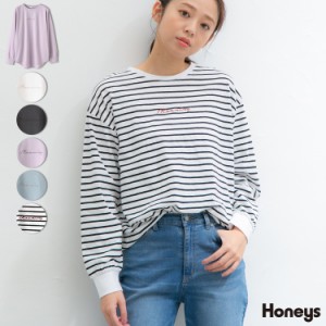 トップス ロンT Tシャツ カットソー 長袖 チュニック丈 ロゴ刺繍 大人カジュアル レディース 春新作 Honeys ハニーズ 刺繍ロゴＴシャツ