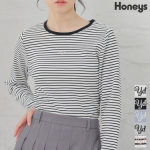 トップス カットソー Tシャツ 長袖 ロゴ 刺繍 配色 ボーダー テレコ おしゃれ レディース 秋新作 Honeys ハニーズ ロゴ刺繍トップス