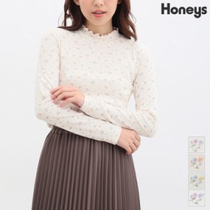 トップス Tシャツ カットソー ハイネック 長袖 花柄 メロー リブ 綿混 レディース 秋新作 Honeys ハニーズ 総柄ハイネックＴ