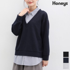 トップス シャツ 重ね着風 長袖 Vネック ゆったり きちんと感 レディース Honeys ハニーズ レイヤード風レギュラーカラー