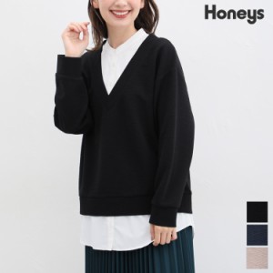 トップス シャツ 重ね着風 長袖 Vネック ゆったり きちんと感 レディース Honeys ハニーズ レイヤード風バンドカラー