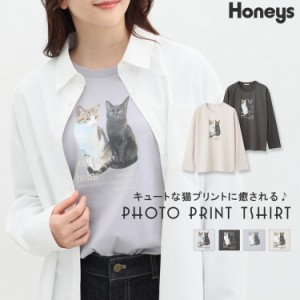 トップス ロンT 長袖 Tシャツ 綿100％ コットン ネコ 猫 可愛い 白 スミクロ レディース Honeys ハニーズ フォトプリントＴシャツ