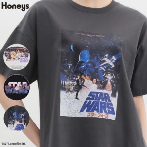 トップス Tシャツ カットソー 白 黒 半袖 プリント ゆったり UVカット 綿混 春 夏 Honeys ハニーズ／スター・ウォーズ／ゆるＴ