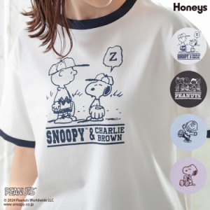 トップス Tシャツ カットソー リンガーTシャツ プリントT 半袖 綿100％ 可愛い レディース 夏 Honeys ハニーズ スヌーピー／Ｔシャツ