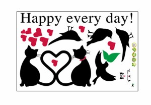 ウォールステッカー 猫 鳥 ハート ラブ 壁紙 猫ステッカー DIYシール ウォールペーパー wall sticker 英文「Happy every day!」リビング 