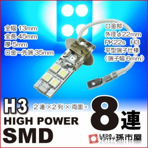 LED H3 ハイパワーSMD8連 青/ブルー 【PK22s】 フォグランプ プロジェクターヘッドランプ 車 12V  【孫市屋】●(H308-B)