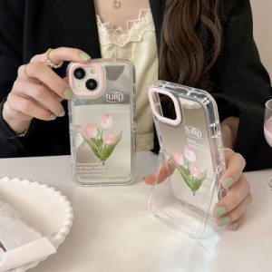 スマホケース iphone14 ケース 韓国 iphone13 ケース iphone12 ケース 携帯ケース iphone11 ケース TPU ミラー 鏡 チューリップ スタンド