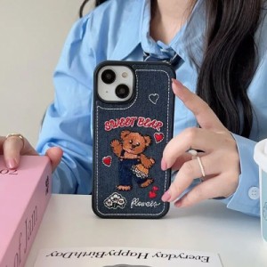 スマホケース iphone14 ケース 韓国 iphone13 ケース iphone12 ケース 携帯ケース iphone11 ケース シリコン ベアー くま デニム地 刺繍 