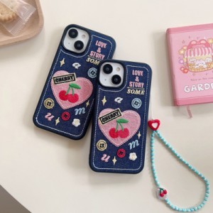 スマホケース iphone15 ケース 韓国 iphone14 ケース iphone13 ケース 携帯ケース iphone12 ケース TPU デニム 刺繍 さくらんぼ チェリー