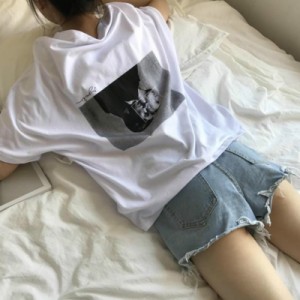 ファッション レディース 韓国 トップス Tシャツ 半袖 ロゴT ラウンドネック 綿 コットン カジュアル シンプル かわいい ビッグT バック