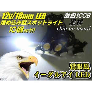 12v 激白色 イーグルアイ 小型 COB LEDスポットライト 黒枠 10個セット φ18mm 丸型 埋め込み ボルト型 デイライト ホワイト