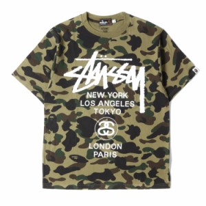 A BATHING APE ア ベイシング エイプ Tシャツ サイズ:M STUSSY コラボ 30周年記念 1stカモ 猿迷彩 ワールドツアー 半袖 クルーネック グ